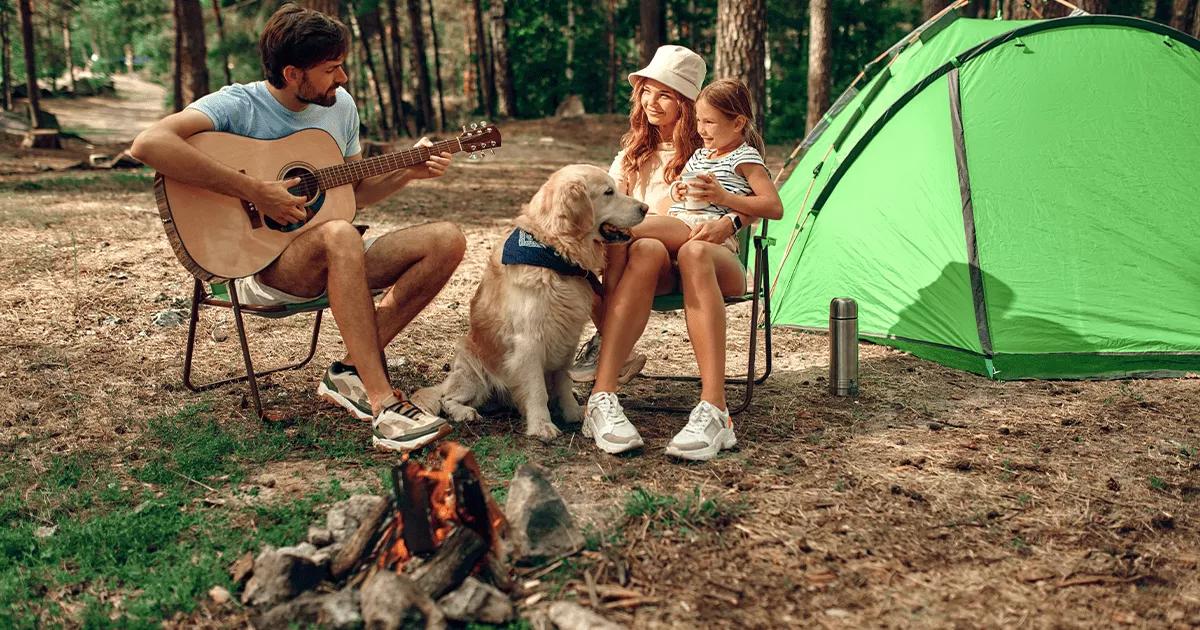 Young family with their dog sat around a campfire in a forest