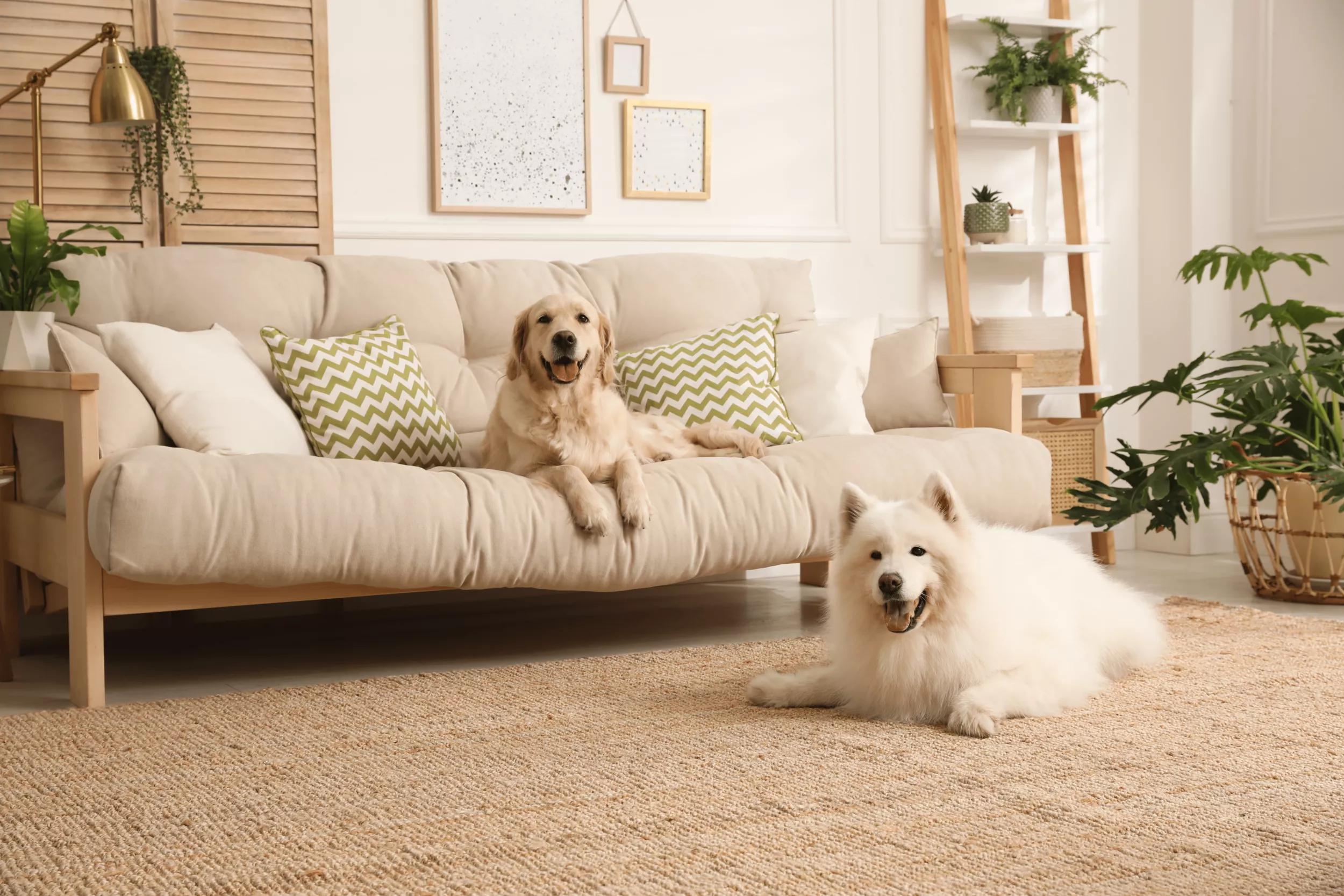 Two happy dogs sitting in a stylish home.